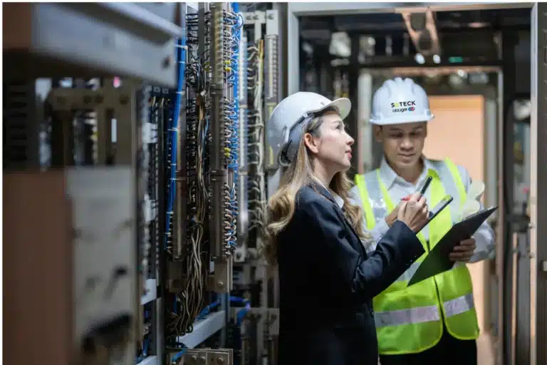 Efficacité énergétique industrielle. Techniciens Soteck clauger inspectant des équipements électriques.